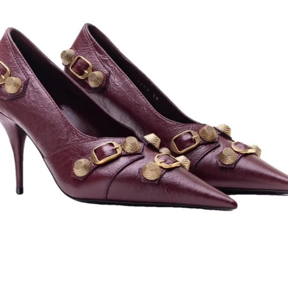 Balenciaga Cagole 70mm Burgundy Heels with Gold Buckles